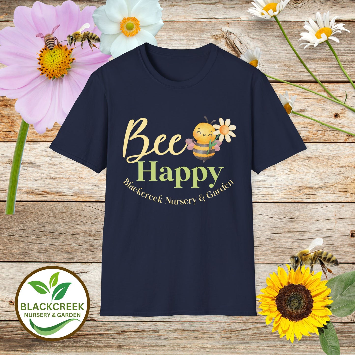 Blackcreek Nursery Bee Happy Unisex Softstyle T-Shirt – Garden & Nature Theme