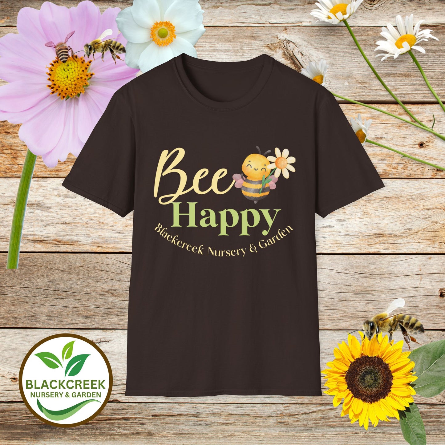 Blackcreek Nursery Bee Happy Unisex Softstyle T-Shirt – Garden & Nature Theme