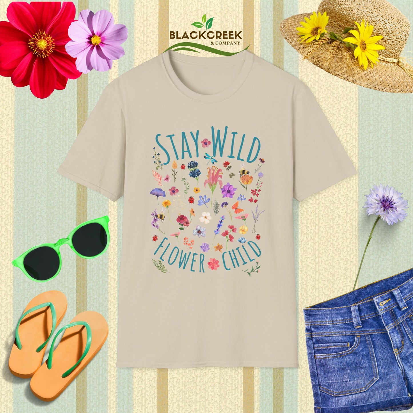 Stay Wild Flower Child Unisex Softstyle T-Shirt, Boho Tee, Summer Wear, Festival Clothing, Gift for Her, Eco-Friendly Shirt