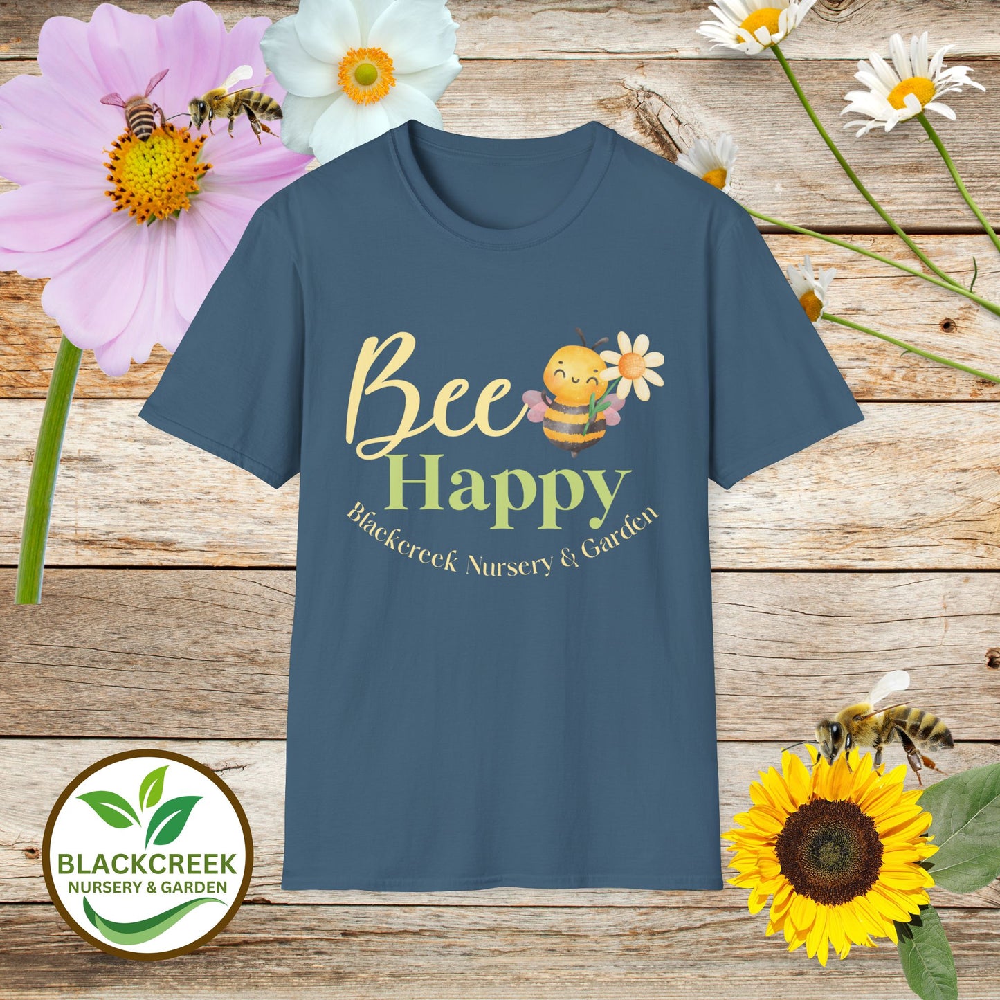 Blackcreek Nursery Bee Happy Unisex Softstyle T-Shirt – Garden & Nature Theme
