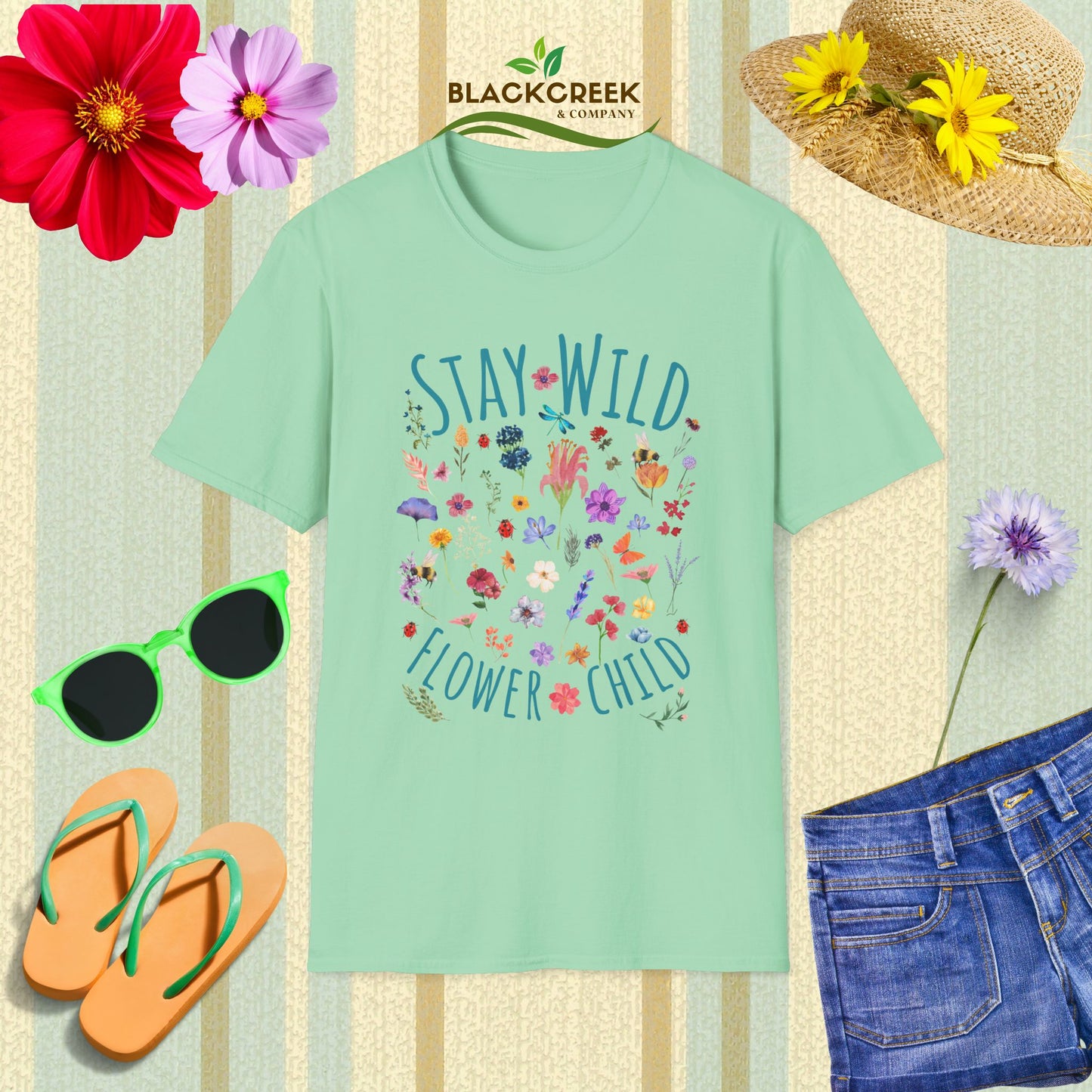 Stay Wild Flower Child Unisex Softstyle T-Shirt, Boho Tee, Summer Wear, Festival Clothing, Gift for Her, Eco-Friendly Shirt
