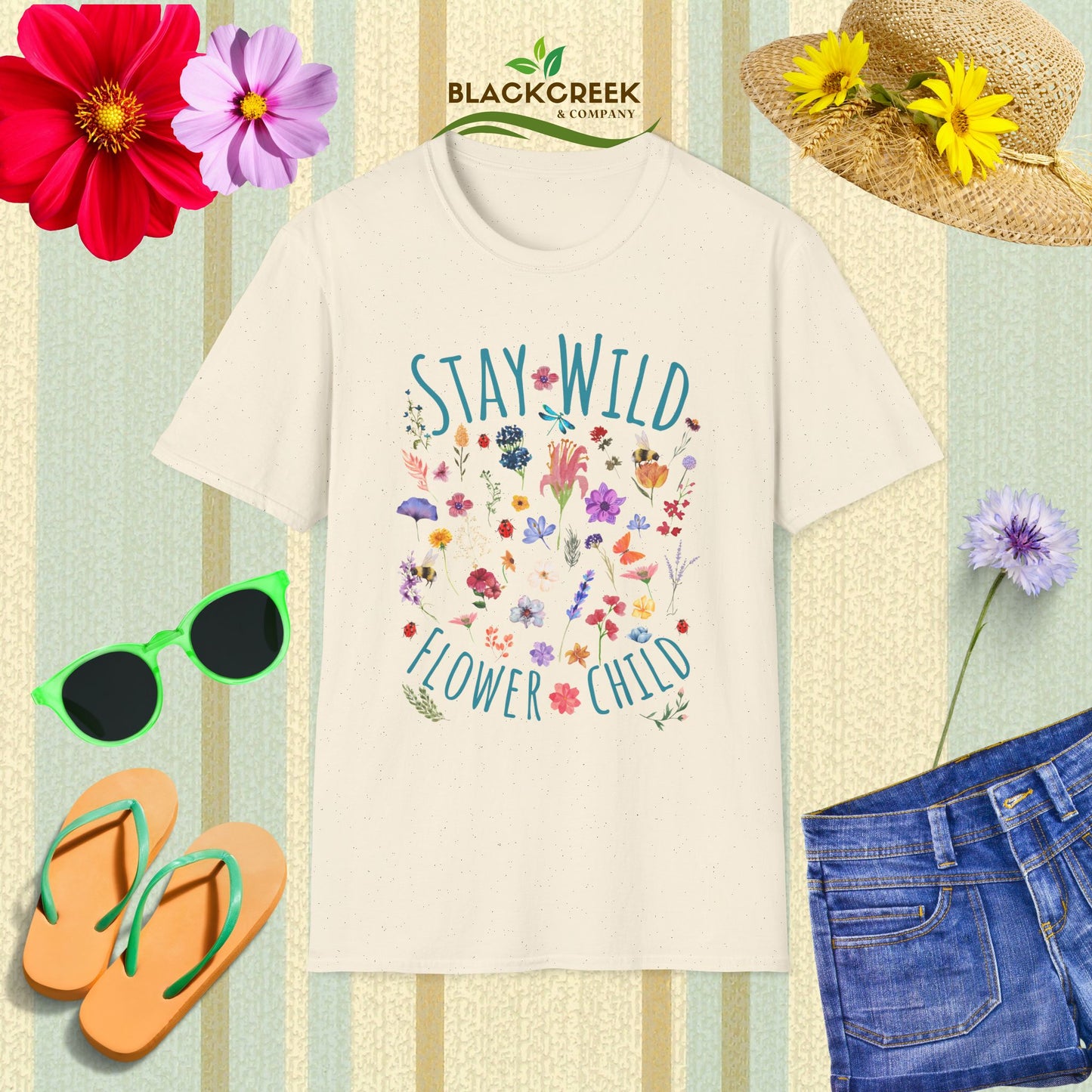 Stay Wild Flower Child Unisex Softstyle T-Shirt, Boho Tee, Summer Wear, Festival Clothing, Gift for Her, Eco-Friendly Shirt