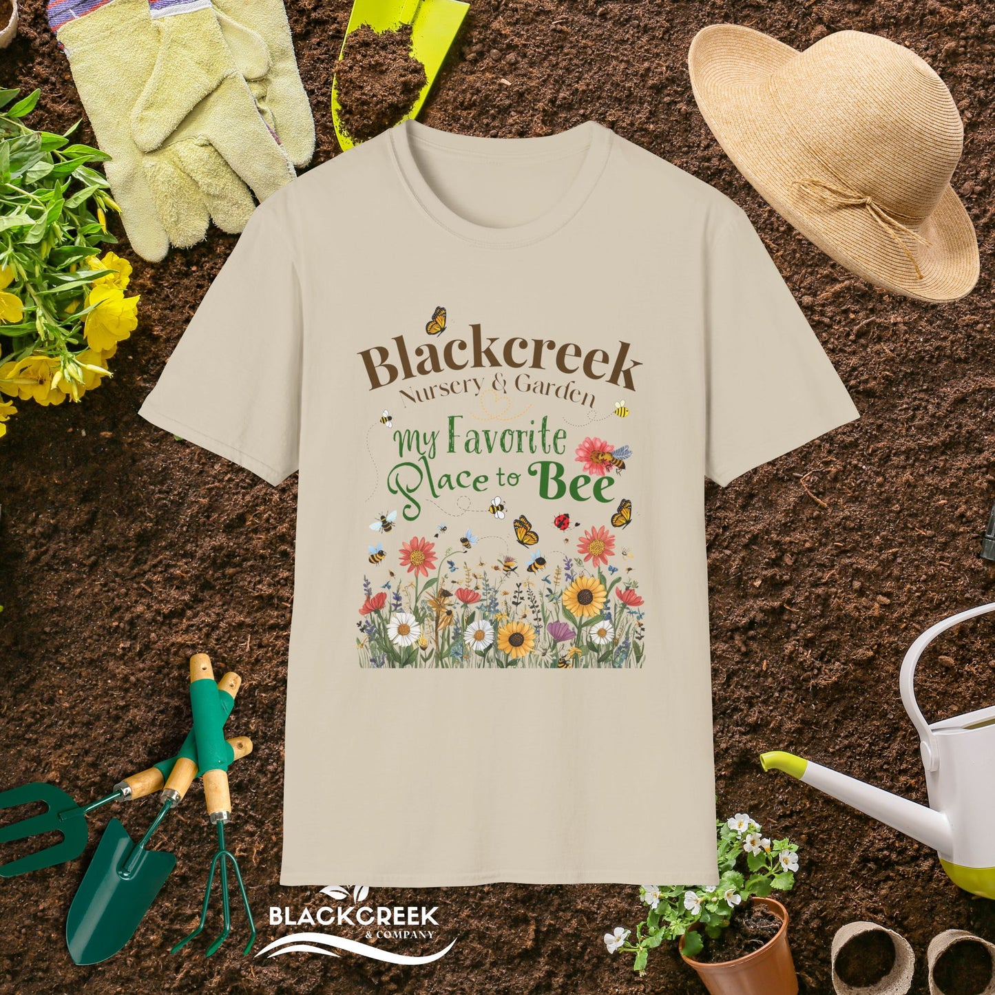 Blackcreek Nursery ~ My Favorite Place to Bee Unisex Softstyle T-Shirt - Perfect Gift for Gardeners