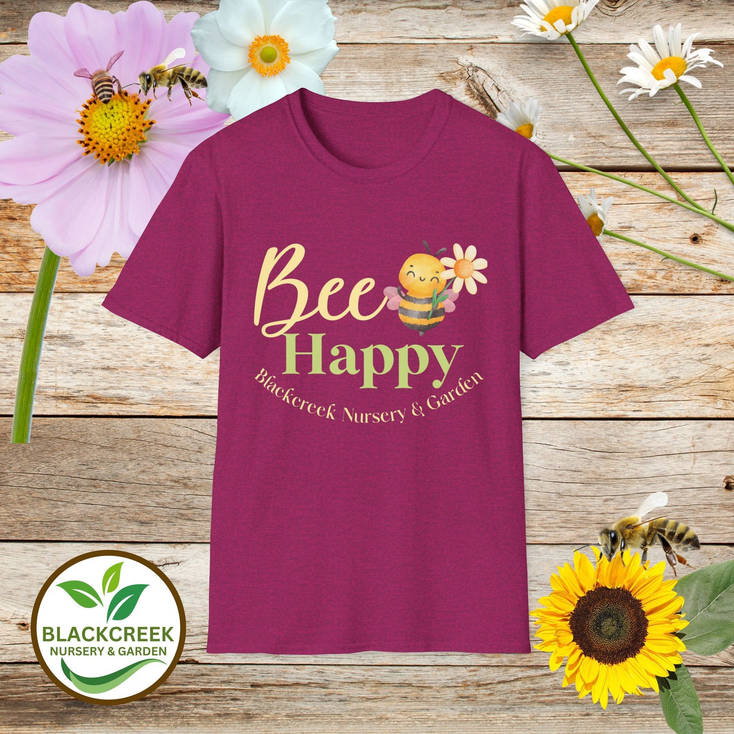 Blackcreek Nursery Bee Happy Unisex Softstyle T-Shirt – Garden & Nature Theme