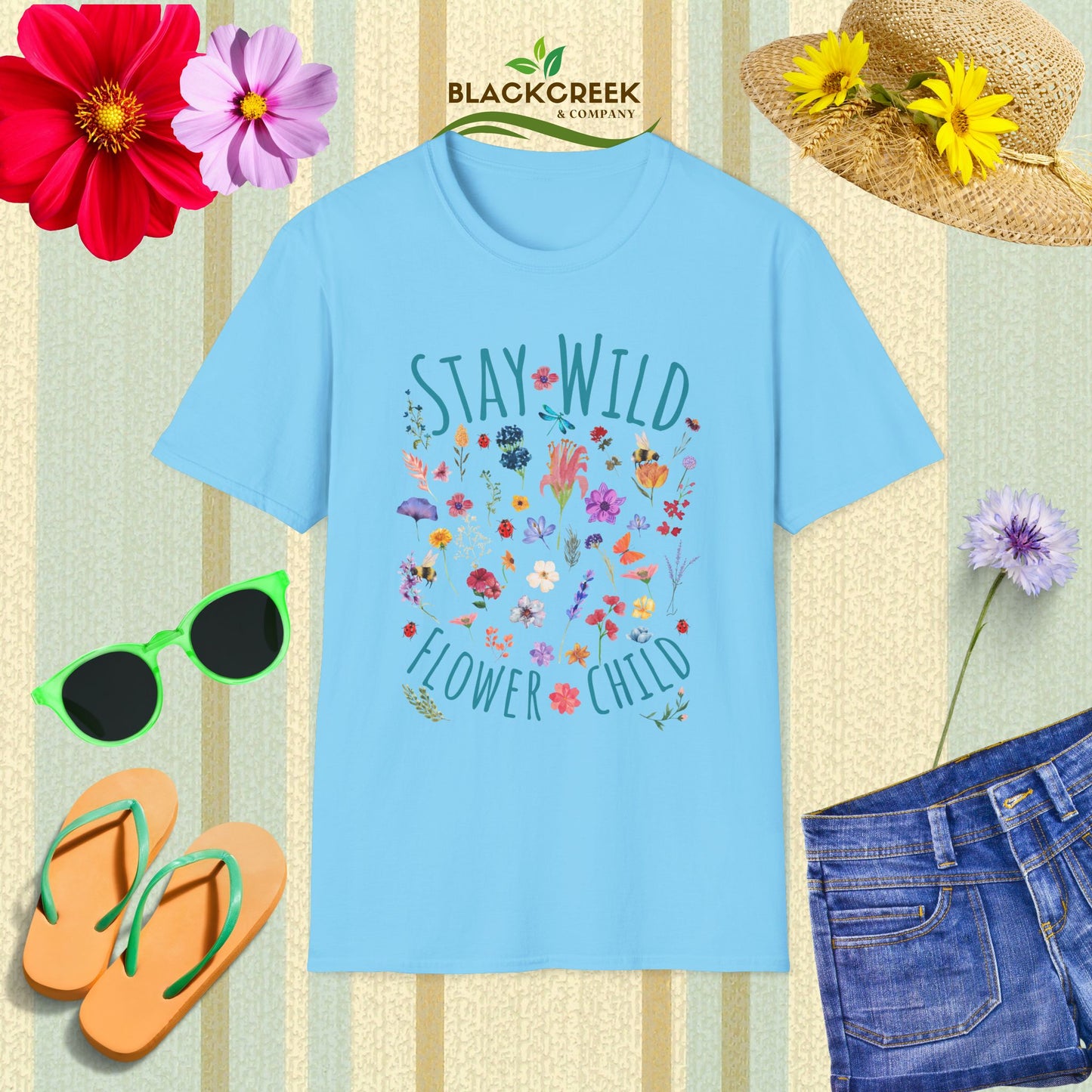 Stay Wild Flower Child Unisex Softstyle T-Shirt, Boho Tee, Summer Wear, Festival Clothing, Gift for Her, Eco-Friendly Shirt