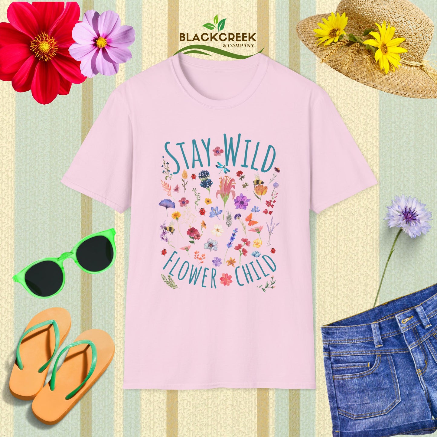 Stay Wild Flower Child Unisex Softstyle T-Shirt, Boho Tee, Summer Wear, Festival Clothing, Gift for Her, Eco-Friendly Shirt