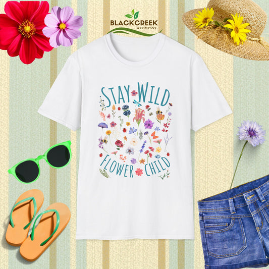 Stay Wild Flower Child Unisex Softstyle T-Shirt, Boho Tee, Summer Wear, Festival Clothing, Gift for Her, Eco-Friendly Shirt